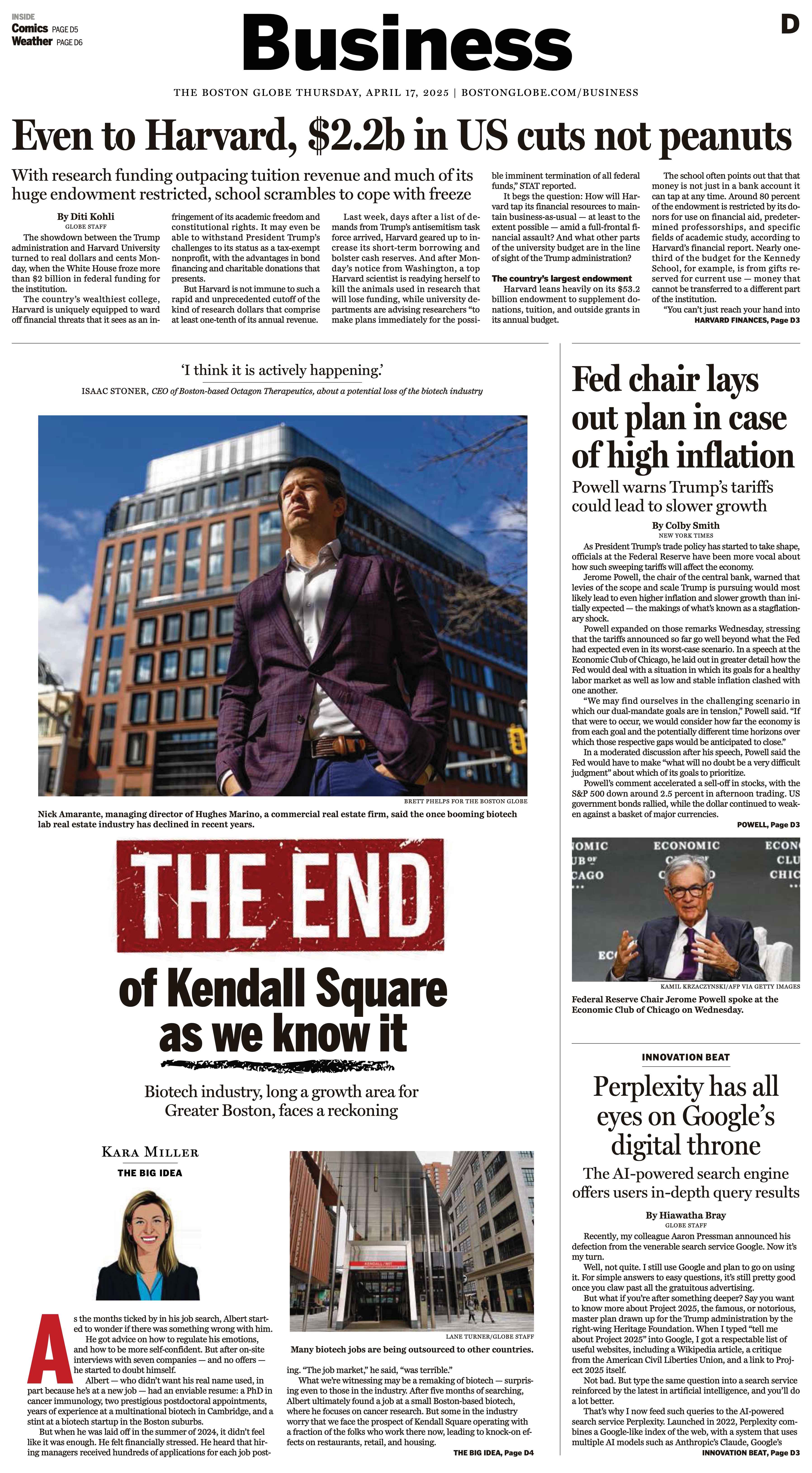 Boston Globe Business cover about Harvard funding cuts