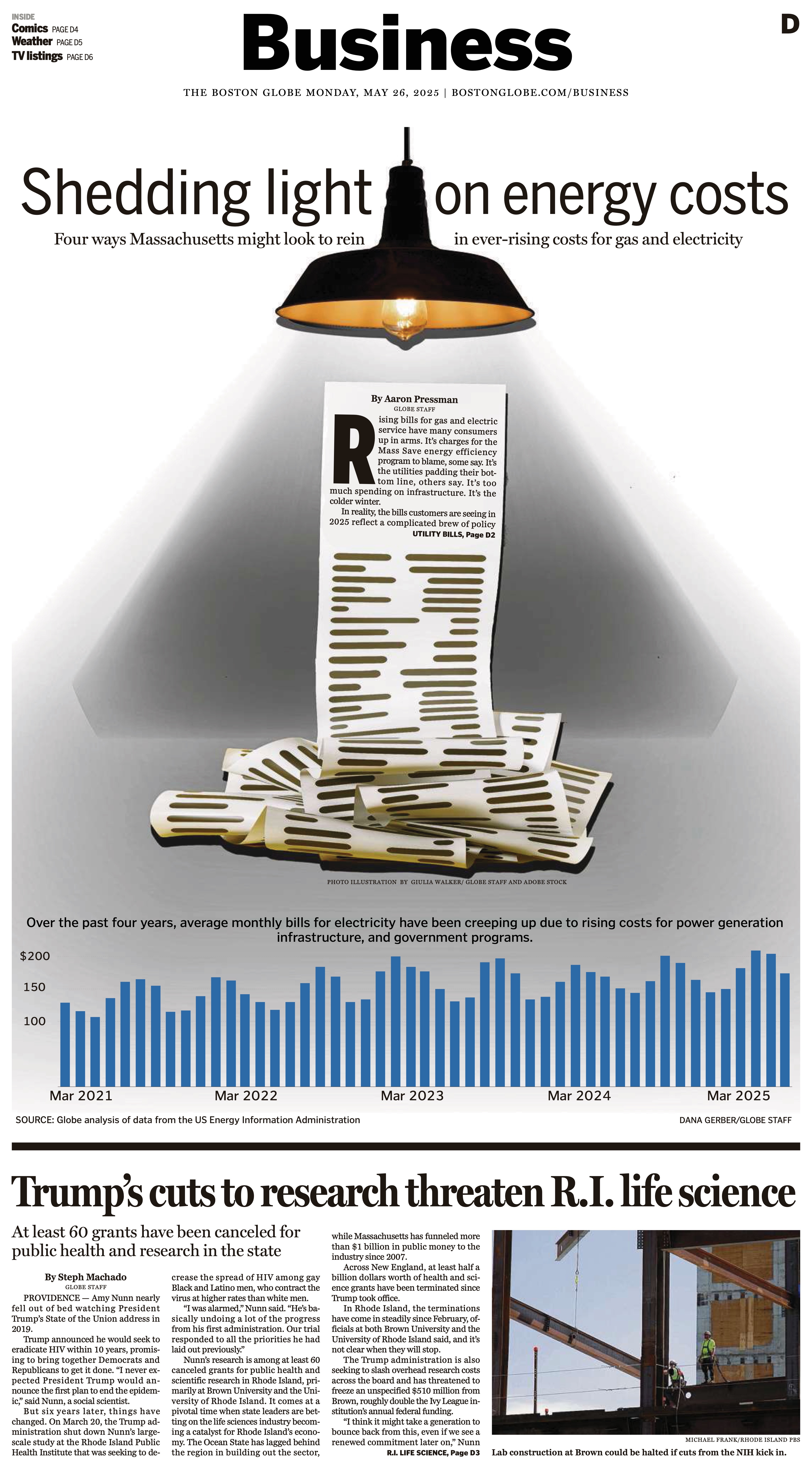 Boston Globe Business cover with an editorial photo illustration about energy costs