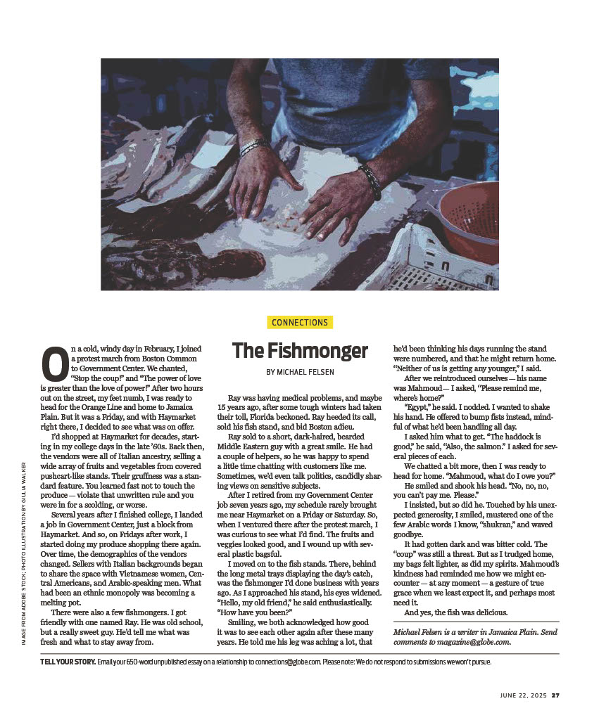 Boston Globe Magazine Connections page about a fishmonger