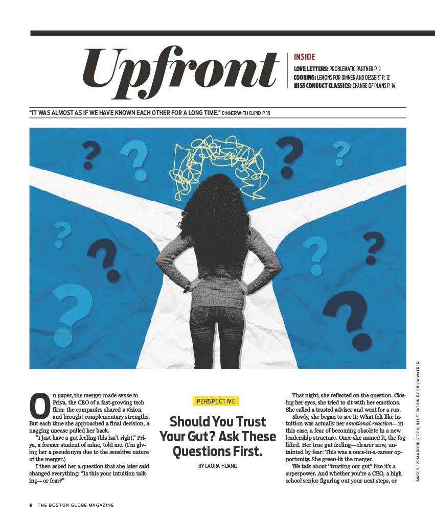 Boston Globe Magazine Upfront page about trusting your gut