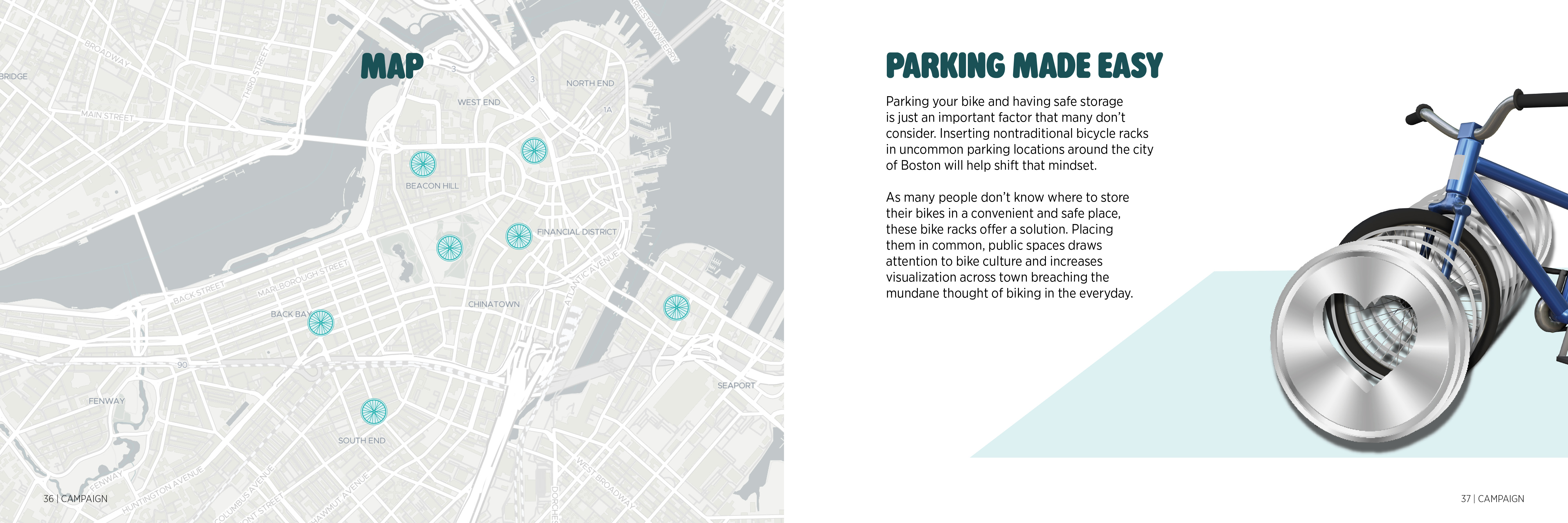 Booklet spread mapping potential bike-rack locations in Boston and showing the heart-shaped rack concept.