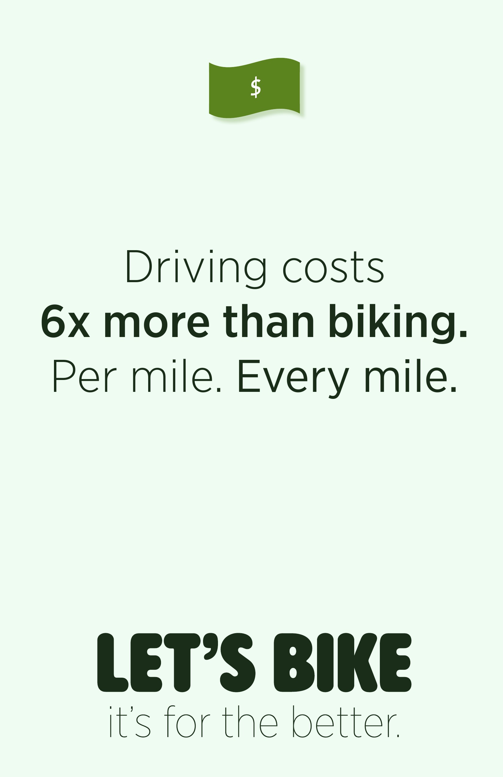 Pale green cost fact poster stating that driving costs six times more than biking per mile.