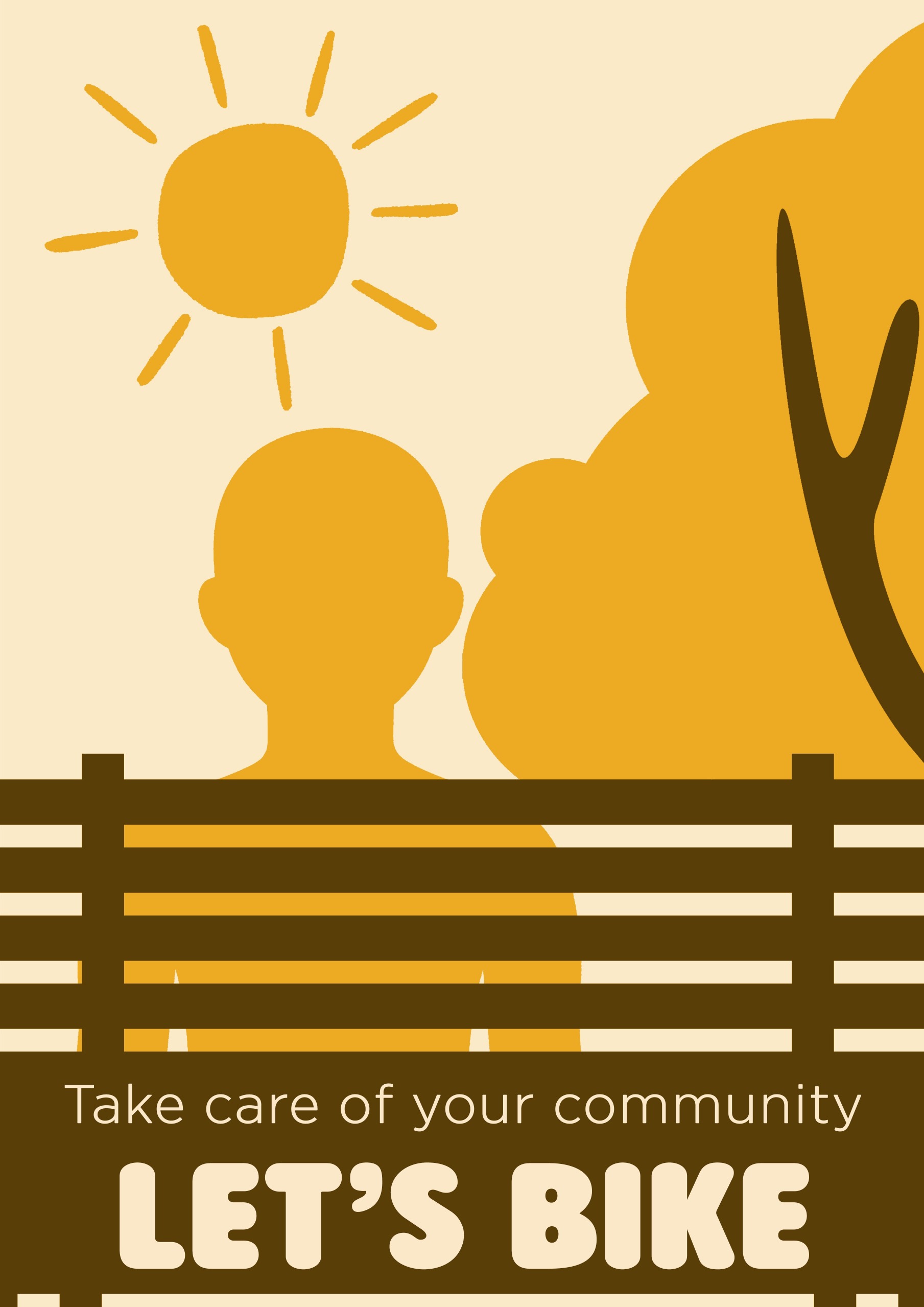 Yellow Let’s Bike community poster with a community silhouette and the message to take care of your community.
