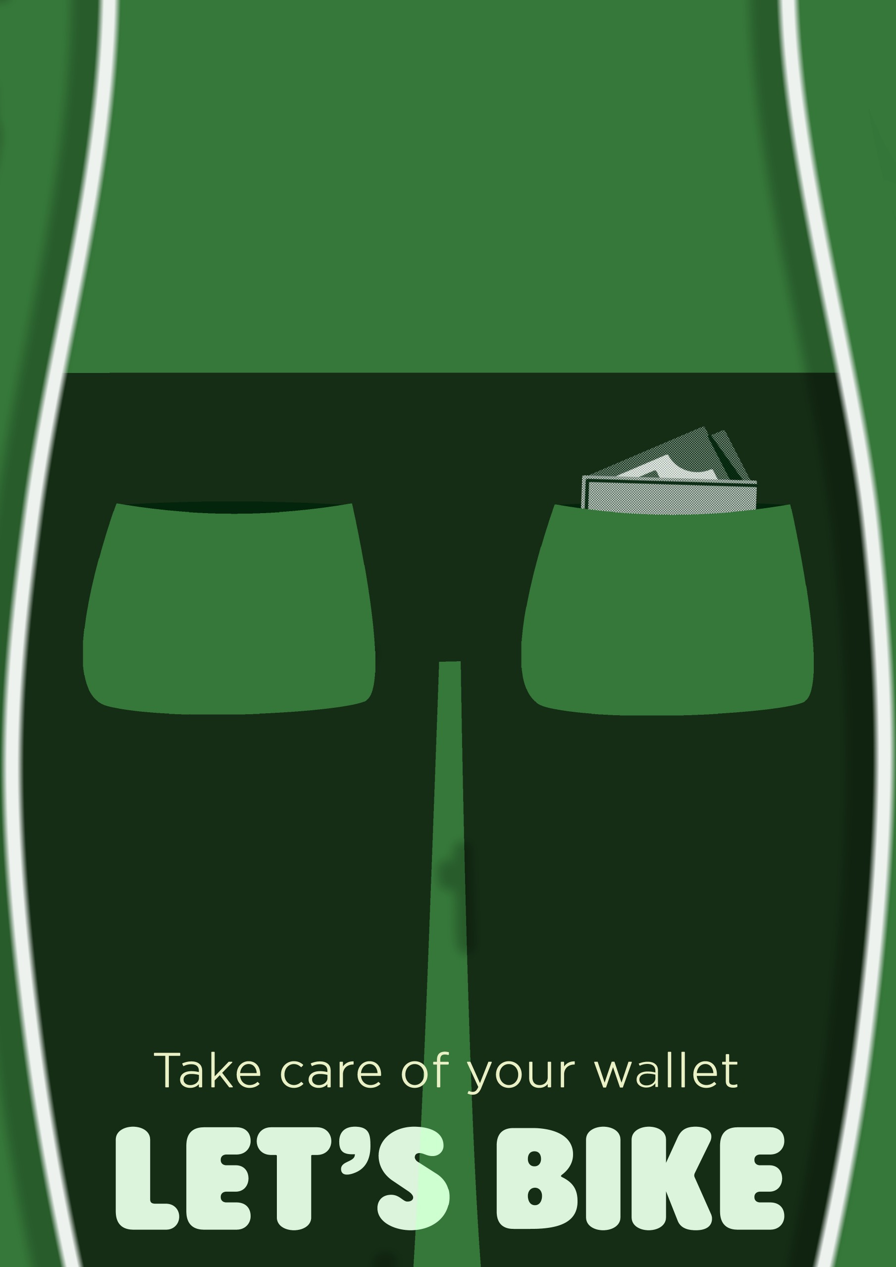 Green Let’s Bike cost poster with a wallet illustration and the message to take care of your wallet.