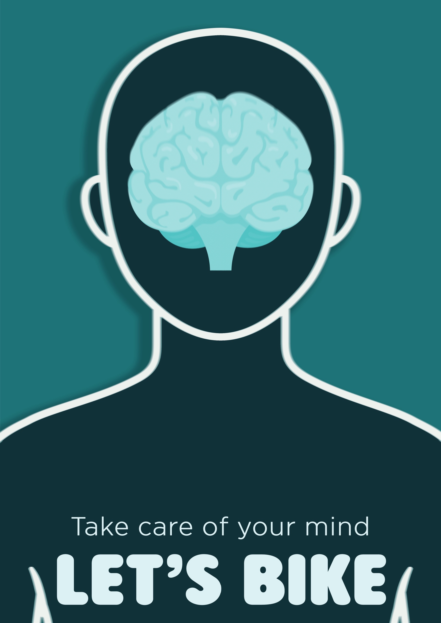 Teal Let’s Bike mental wellbeing poster with a brain illustration and the message to take care of your mind.