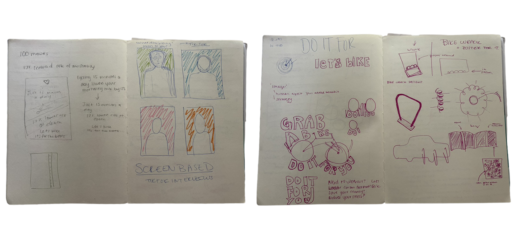 Open sketchbook showing early research notes, poster concepts, and visual directions for the Let’s Bike campaign.