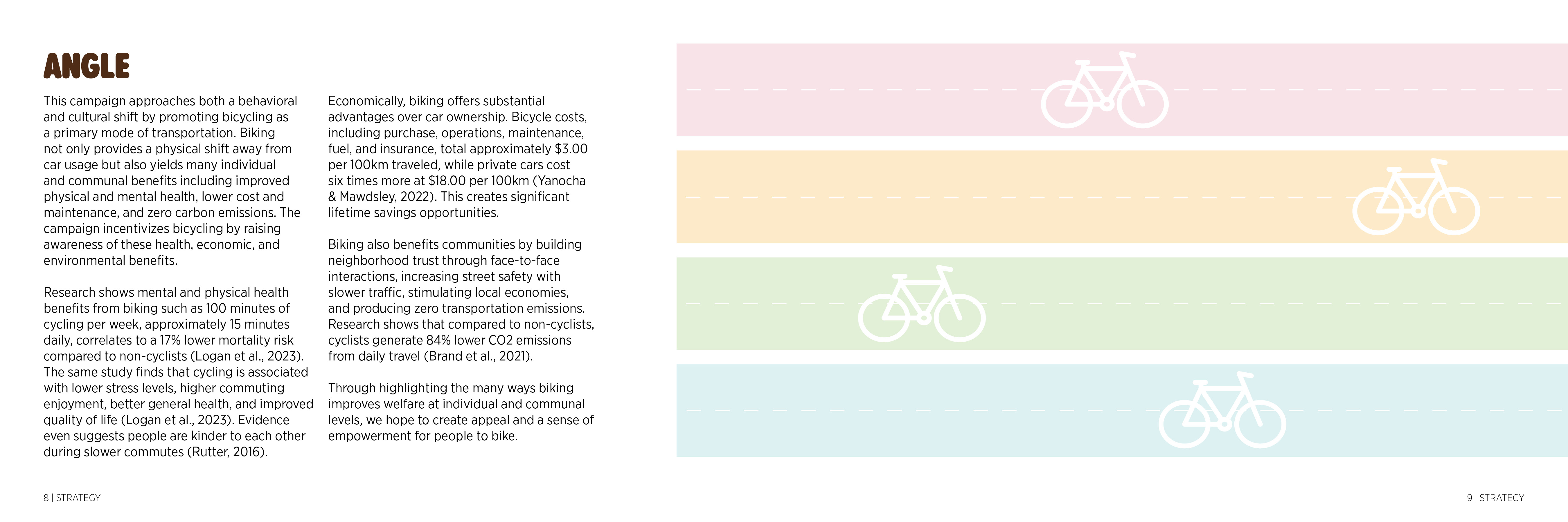 Let’s Bike booklet spread explaining the campaign angle beside four colored bicycle-lane illustrations.