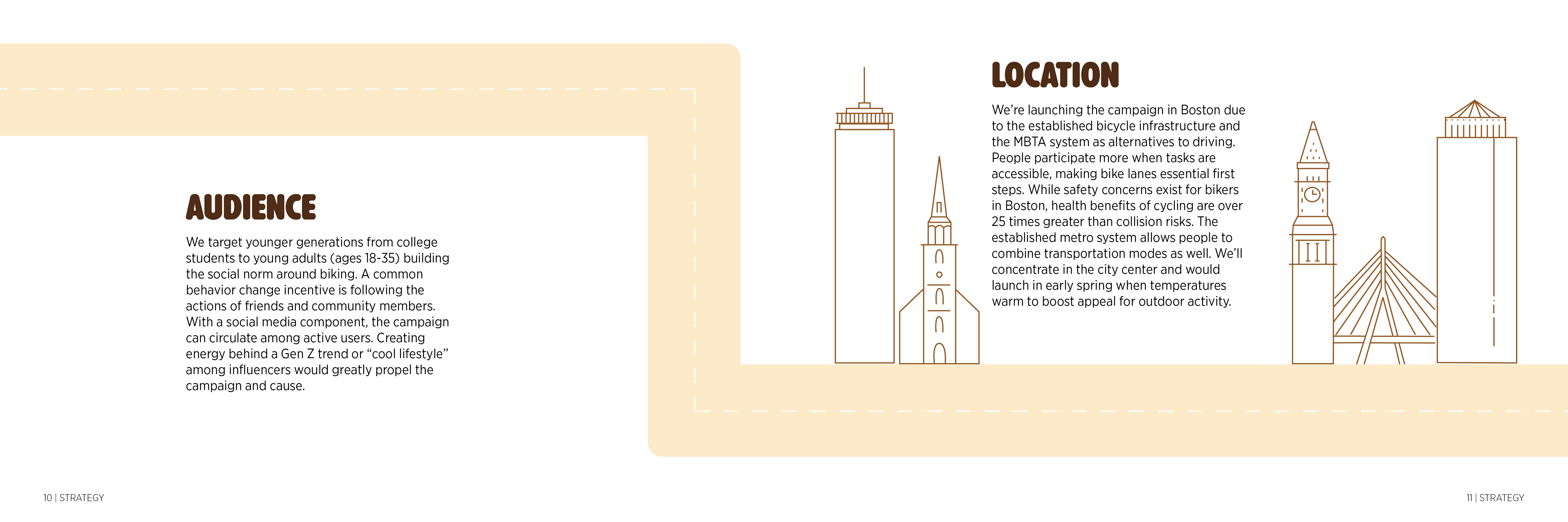 Let’s Bike booklet spread describing its young-adult audience and Boston launch location, framed by city illustrations.