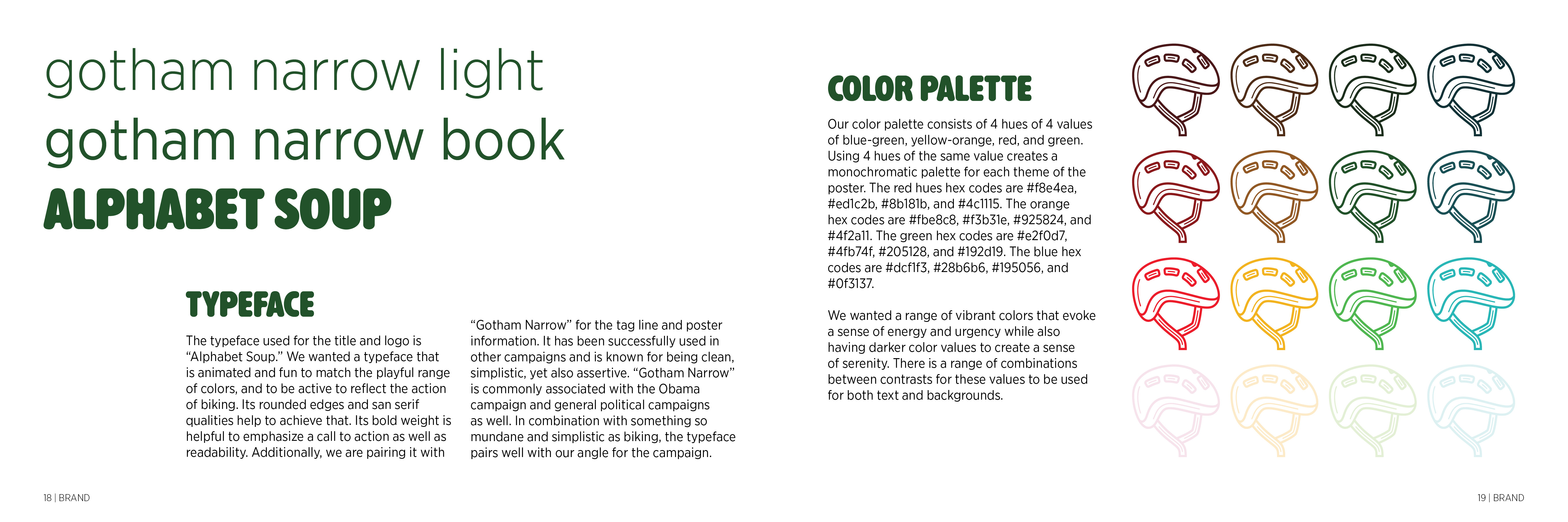 Let’s Bike booklet spread showing the typefaces, color palette, and repeated helmet illustrations.